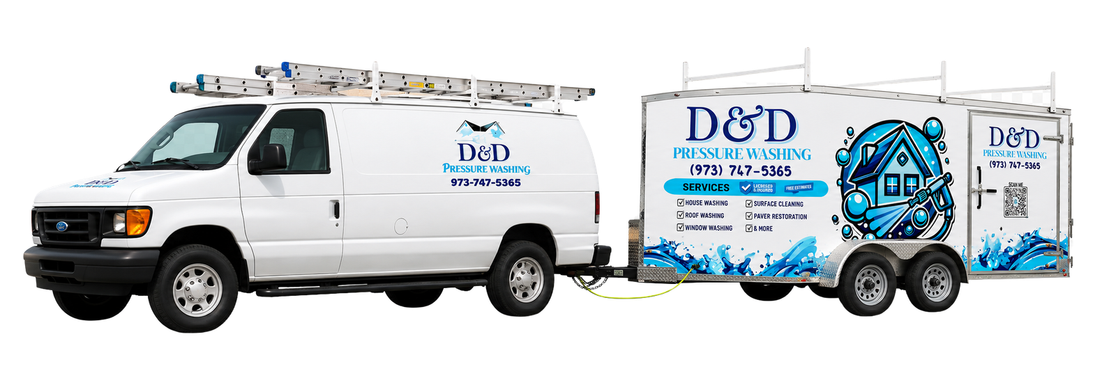 D&D Pressure Washing main trailer rig, enclosed wrapped trailer with van, Wayne NJ pressure washing equipment