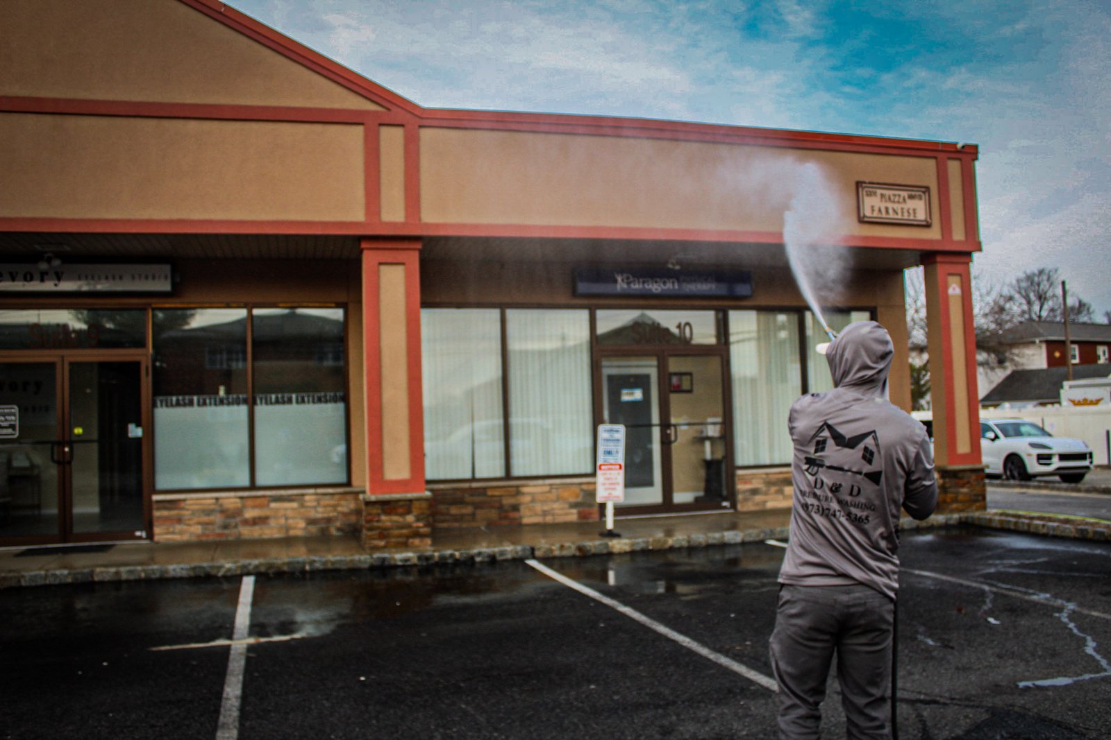 Commercial parking lot after pressure washing in North Jersey
